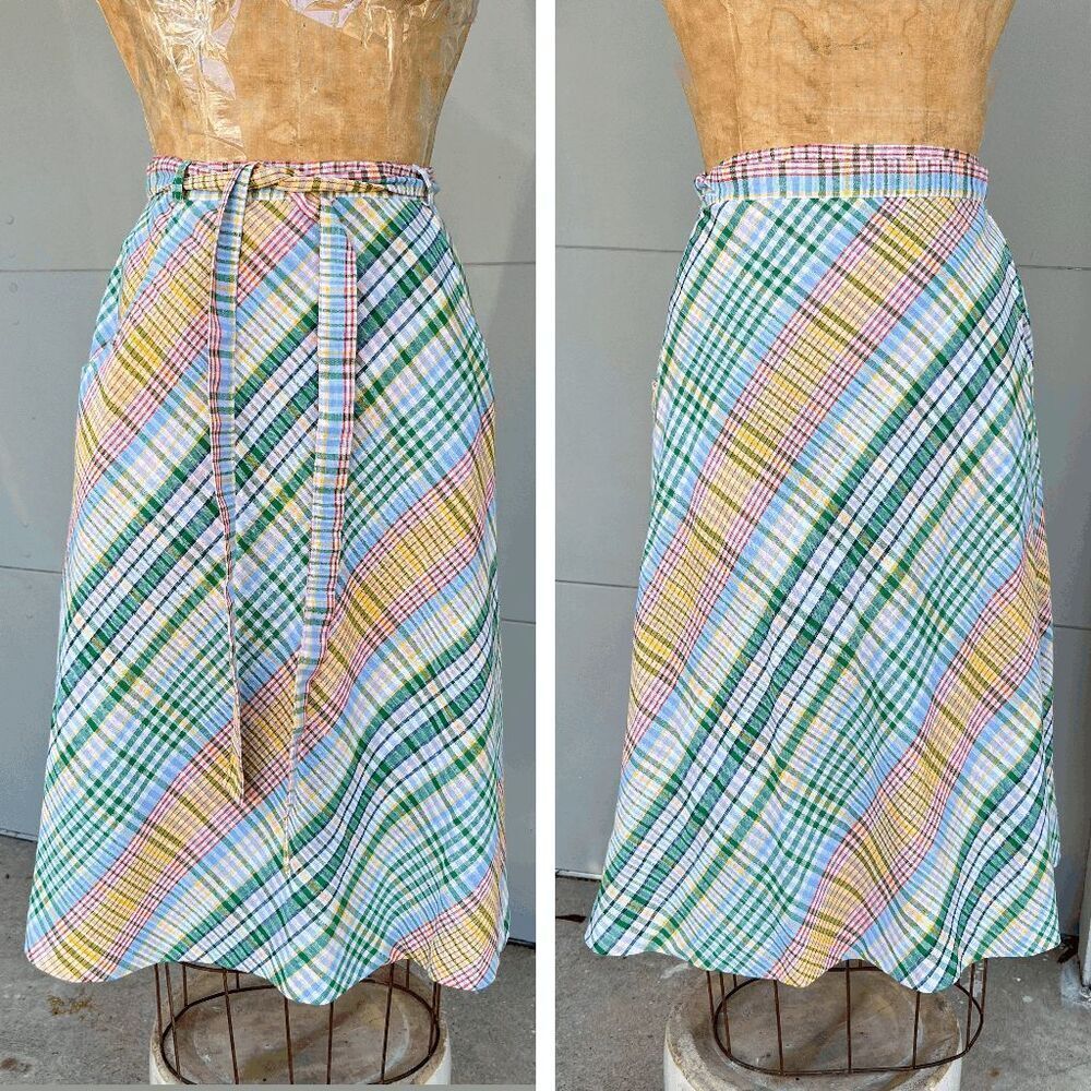 Vintage Summit of Boston Multicolor Plaid Wrap Skirt, 1970s Preppy Cottagecore